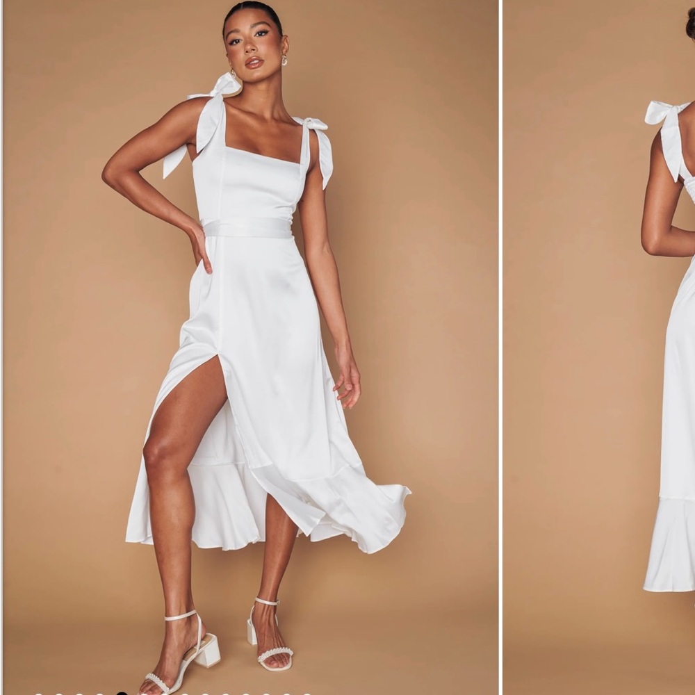 Show Me Your Mumu Garden midi ruffle satin dress or gown in white color Size L